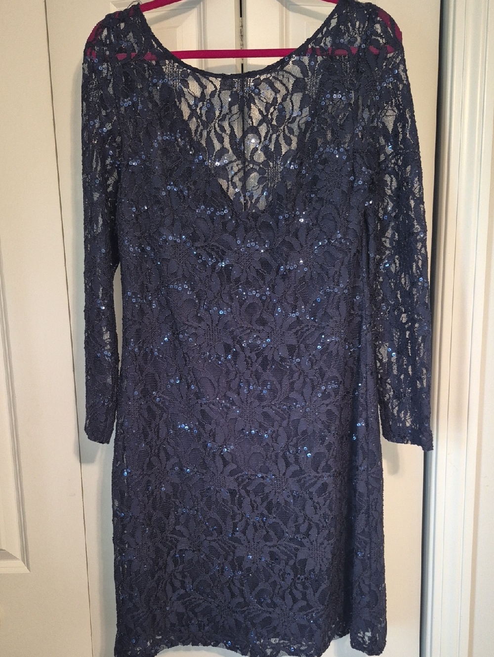 Navy Lace Sequin Long Sleeve Dress